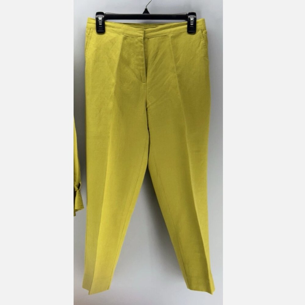 Ruby Rd Linen Chartreuse Pants Cropped Petite 6P Rayon Pockets Elastic Hook Tab
